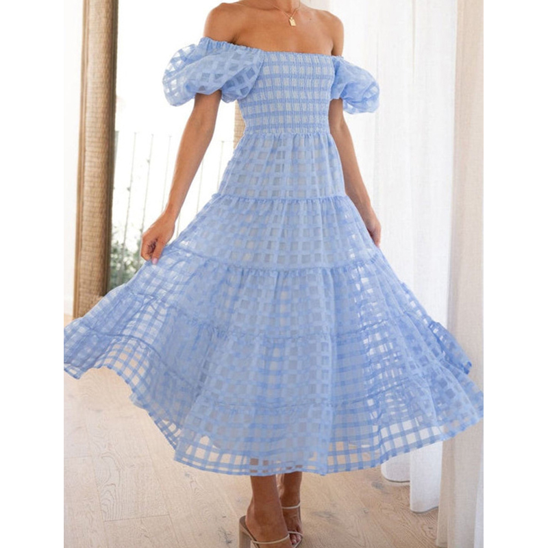 エレガントなオフショルダーの女性の夏のロングドレスセクシーな - Off Shoulder Puff Sleeve Sundress のレビューと価格