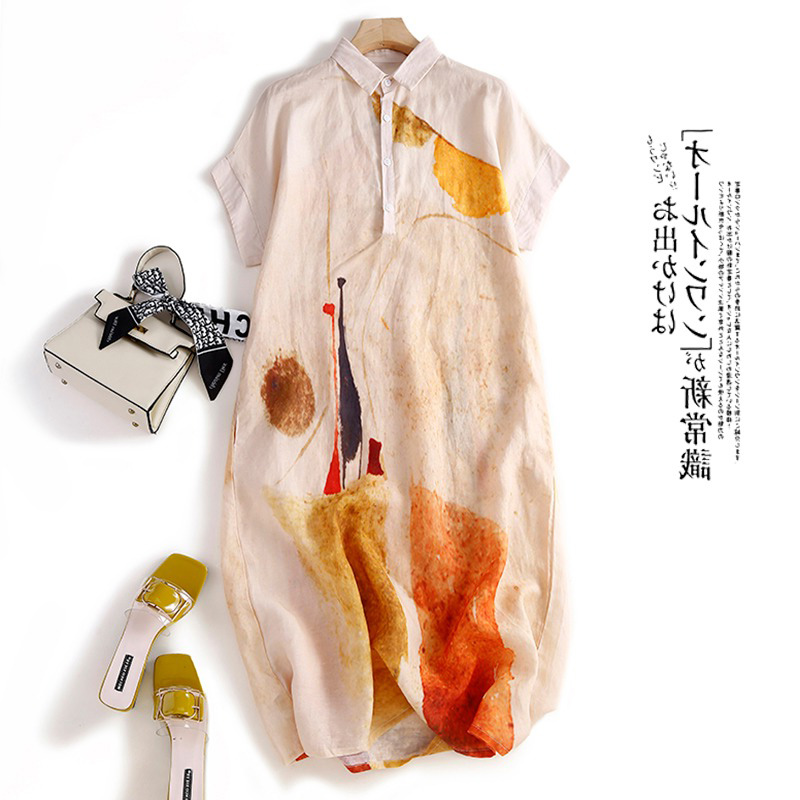 カジュアルコットンリネンシャツワンピース レディース プリン - Casual Loose Linen Shirt Dress のレビューと価格