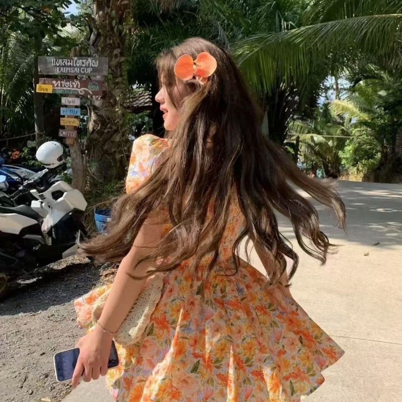 ホットセール オレンジ花柄プリント オフショルダーミニドレス - Off Shoulder Puff Sleeve Sundress のレビューと価格